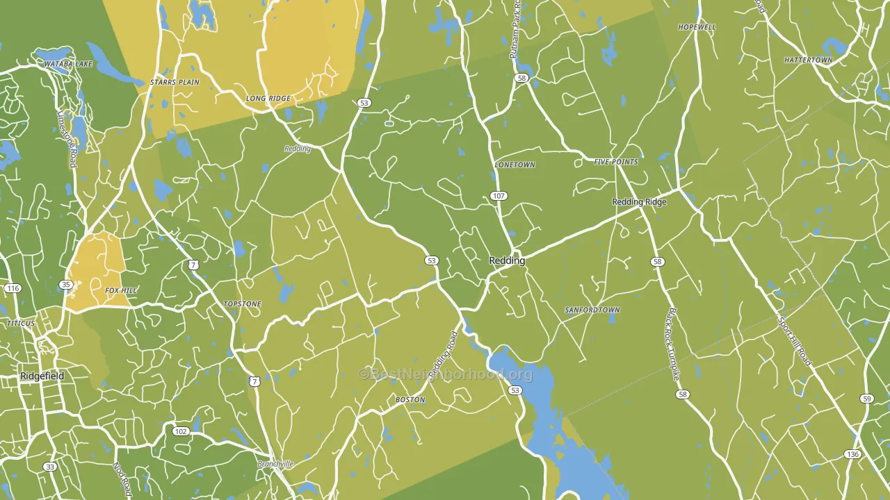 Map of the best neighborhoods in the Redding area, with better matches in green and worse matches in red