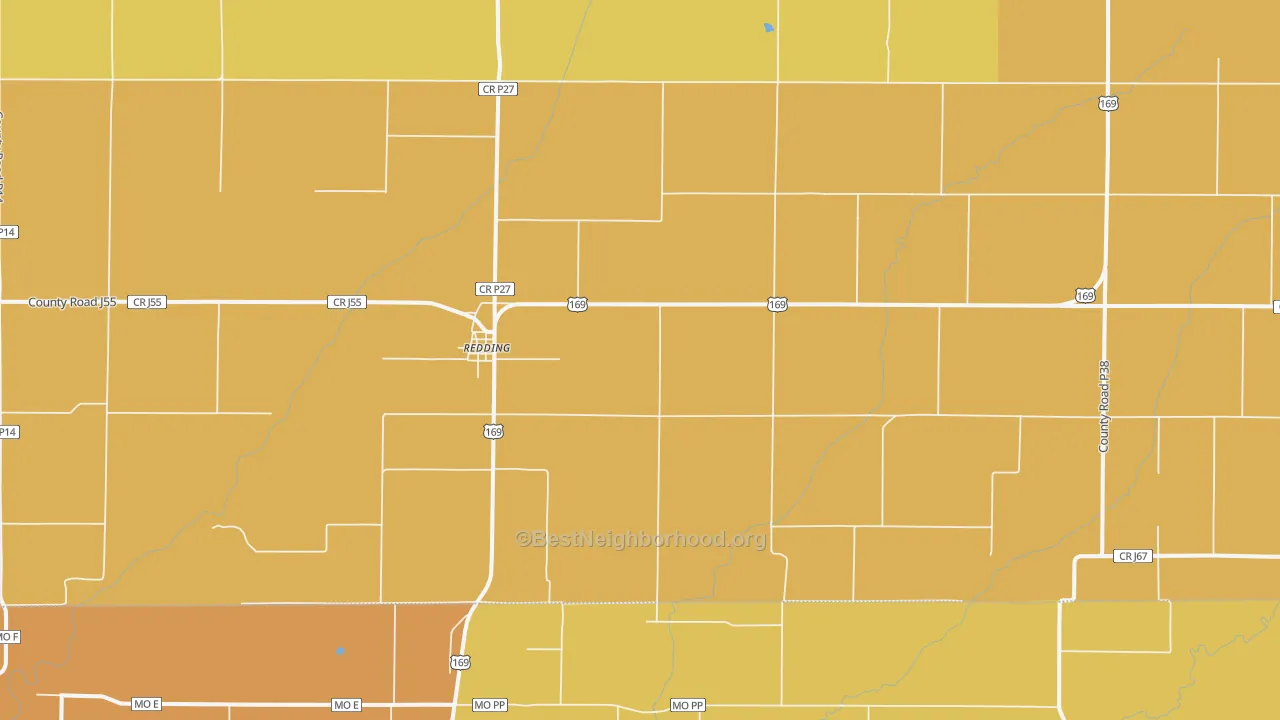 Map of the best neighborhoods in the Redding area, with better matches in green and worse matches in red