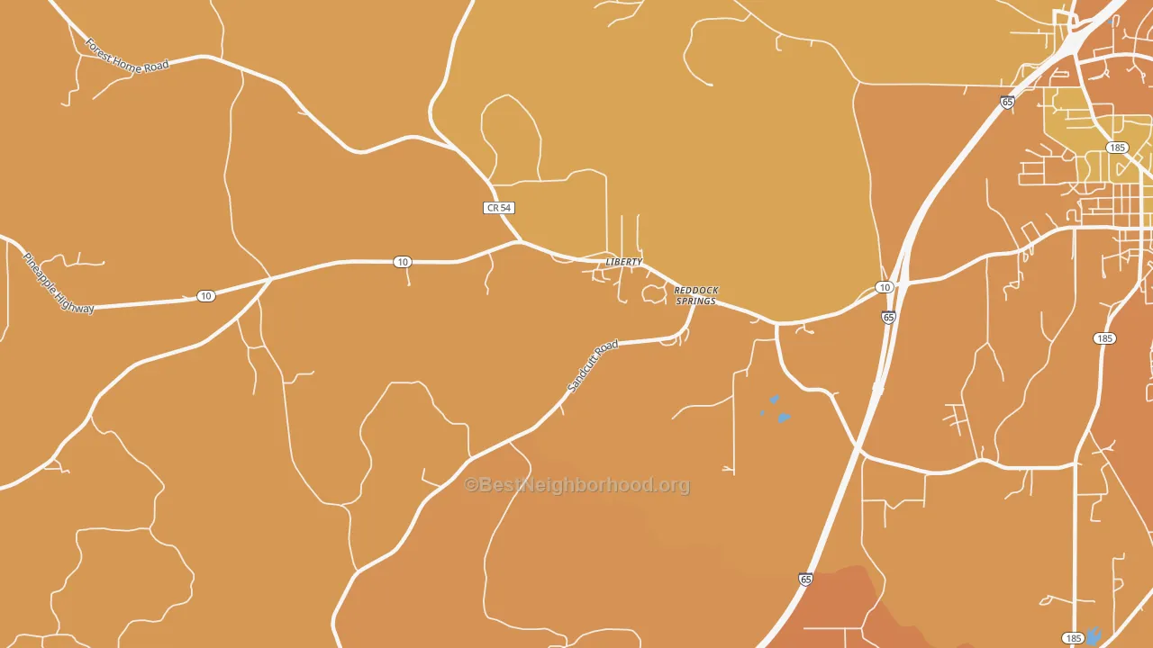 Map of the best neighborhoods in the Reddock Springs area, with better matches in green and worse matches in red