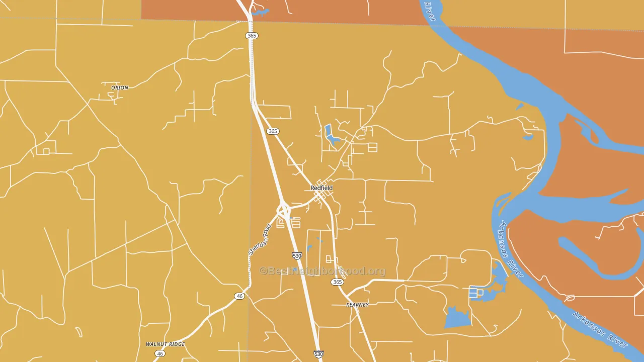 Map of the best neighborhoods in the Redfield area, with better matches in green and worse matches in red