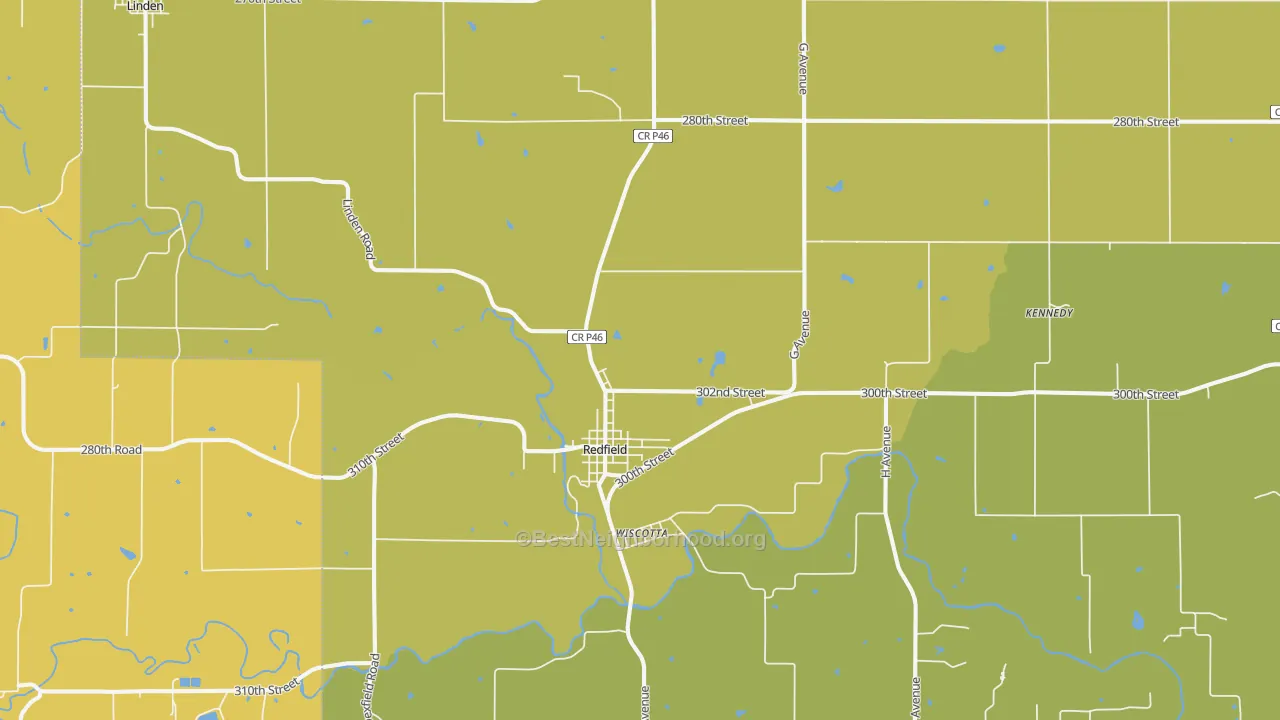 Map of the best neighborhoods in the Redfield area, with better matches in green and worse matches in red