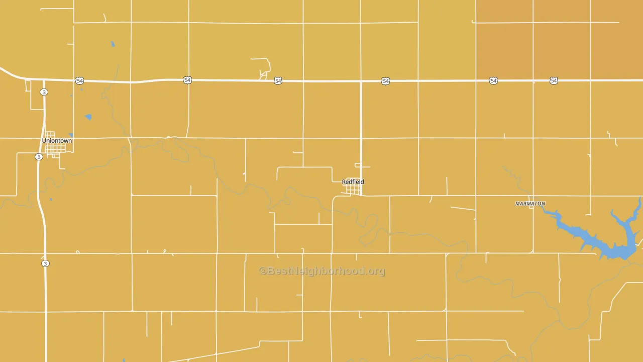 Map of the best neighborhoods in the Redfield area, with better matches in green and worse matches in red