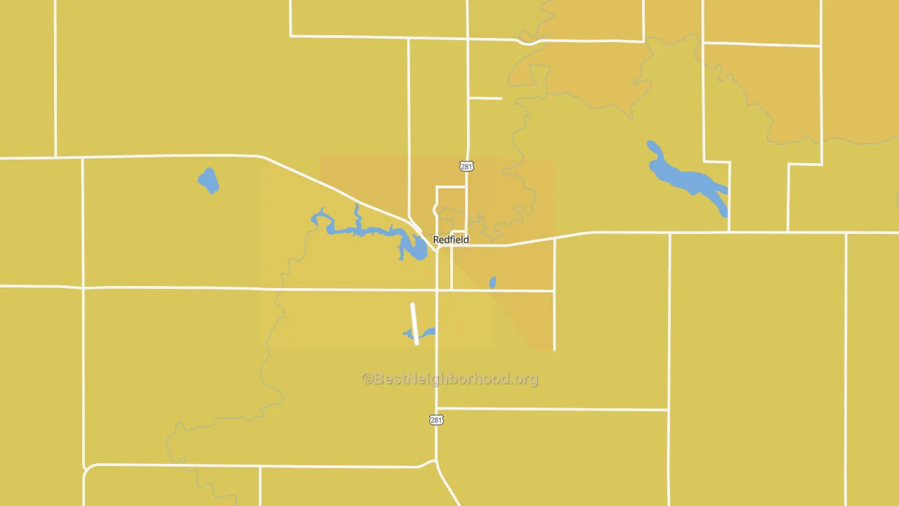 Map of the best neighborhoods in the Redfield area, with better matches in green and worse matches in red
