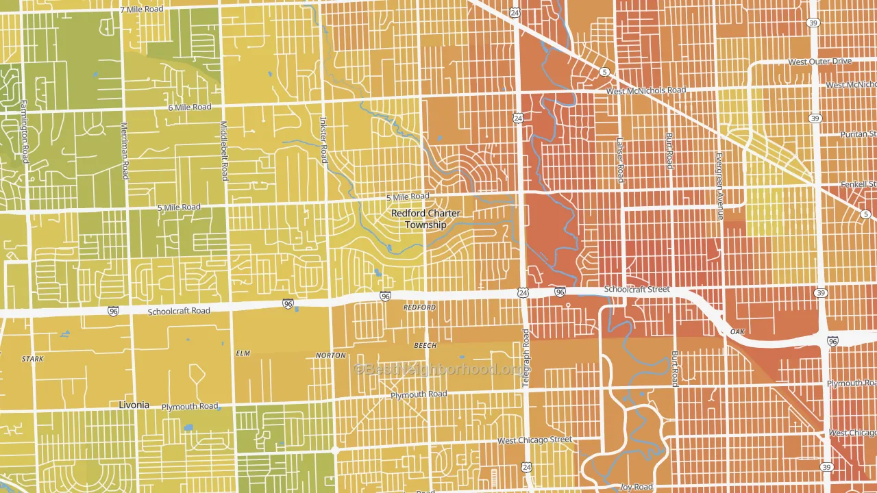 Map of the best neighborhoods in the Redford area, with better matches in green and worse matches in red