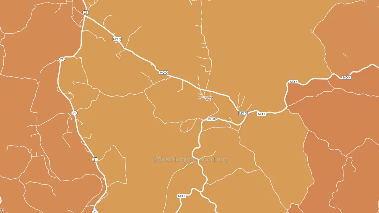 Map of the best neighborhoods in the Redford area, with better matches in green and worse matches in red