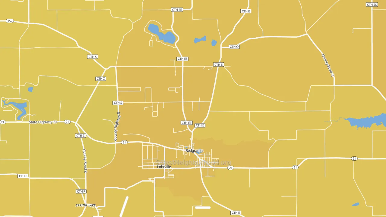 Map of the best neighborhoods in the Redgranite area, with better matches in green and worse matches in red