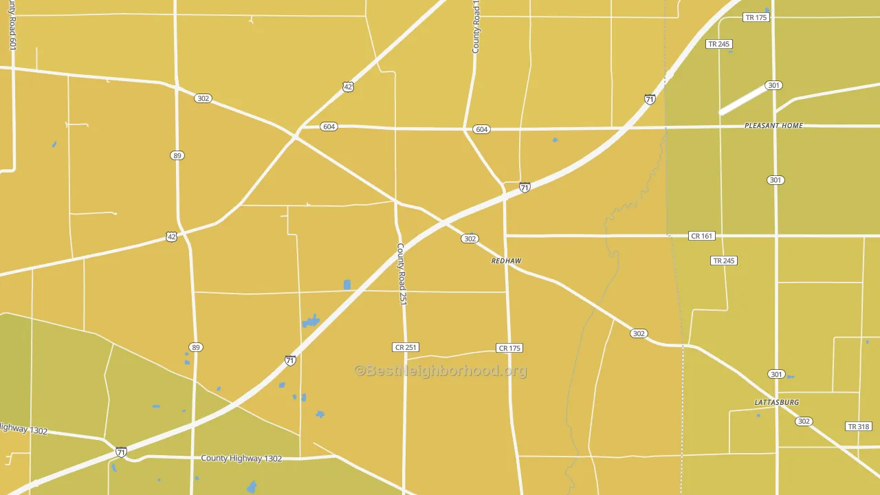 Map of the best neighborhoods in the Redhaw area, with better matches in green and worse matches in red