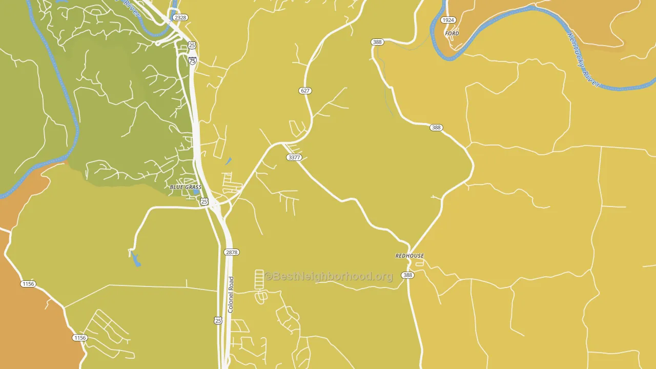 Map of the best neighborhoods in the Redhouse area, with better matches in green and worse matches in red