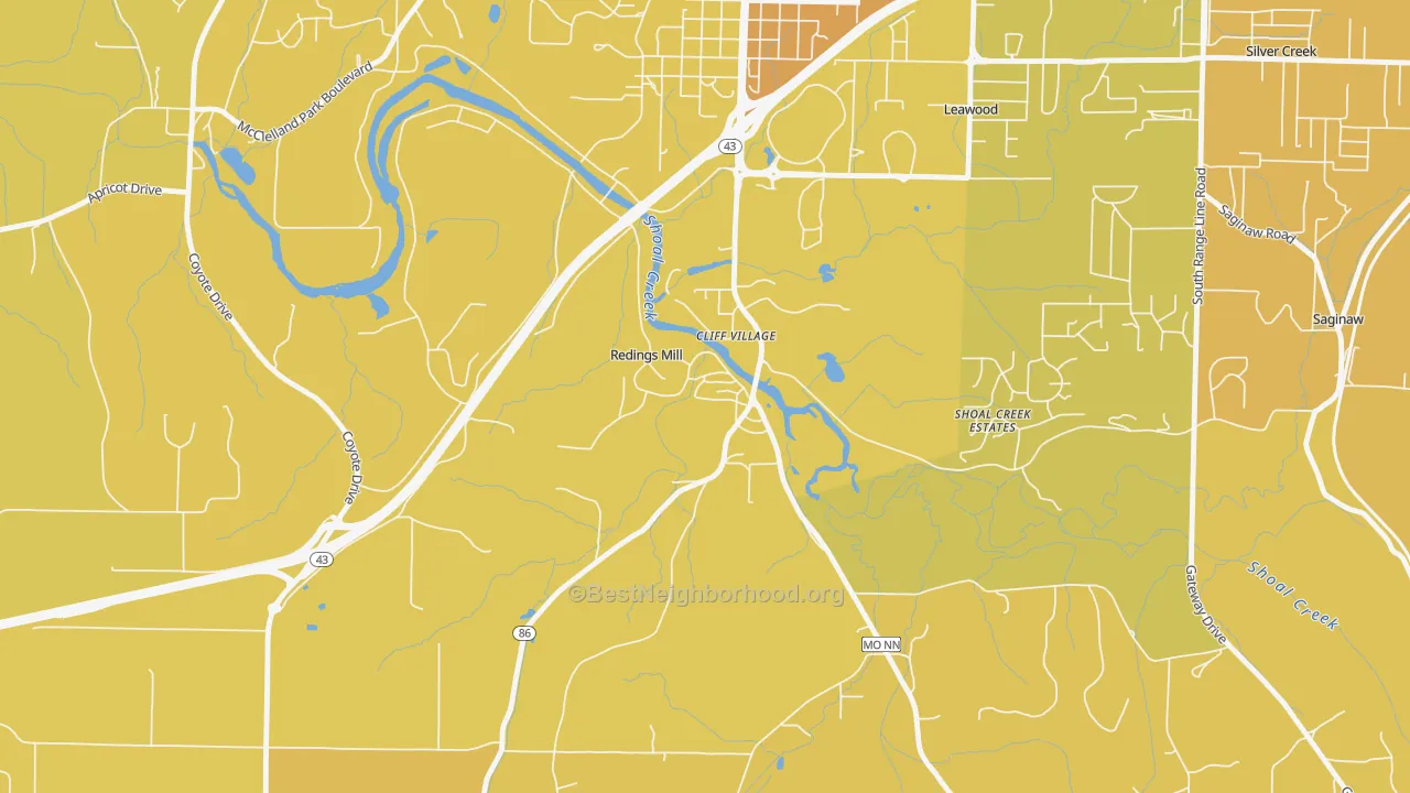 Map of the best neighborhoods in the Redings Mill area, with better matches in green and worse matches in red