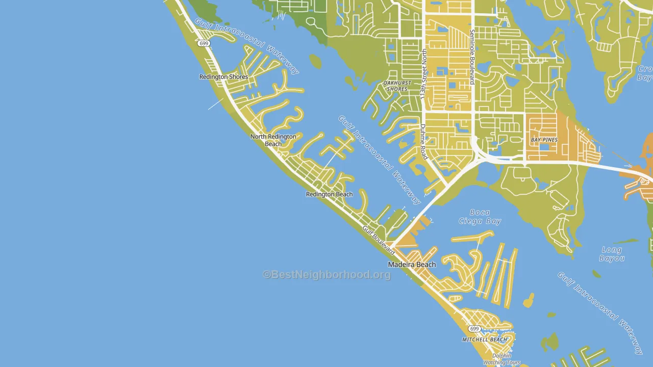 Map of the best neighborhoods in the Redington Beach area, with better matches in green and worse matches in red