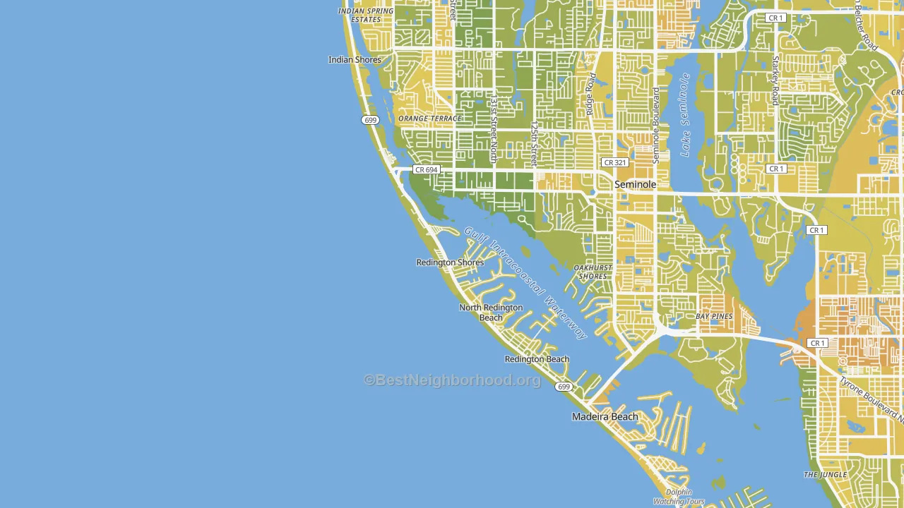 Map of the best neighborhoods in the Redington Shores area, with better matches in green and worse matches in red