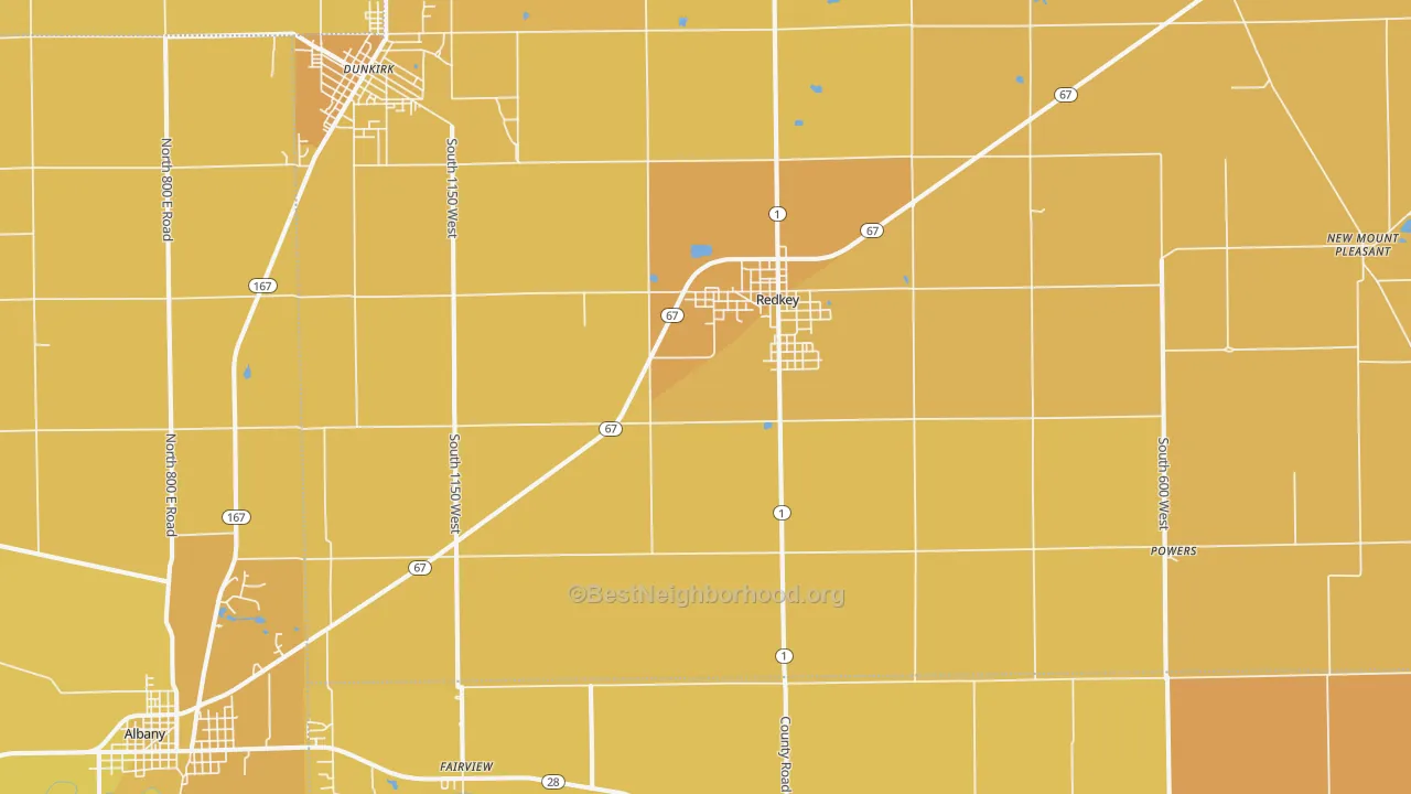 Map of the best neighborhoods in the Redkey area, with better matches in green and worse matches in red
