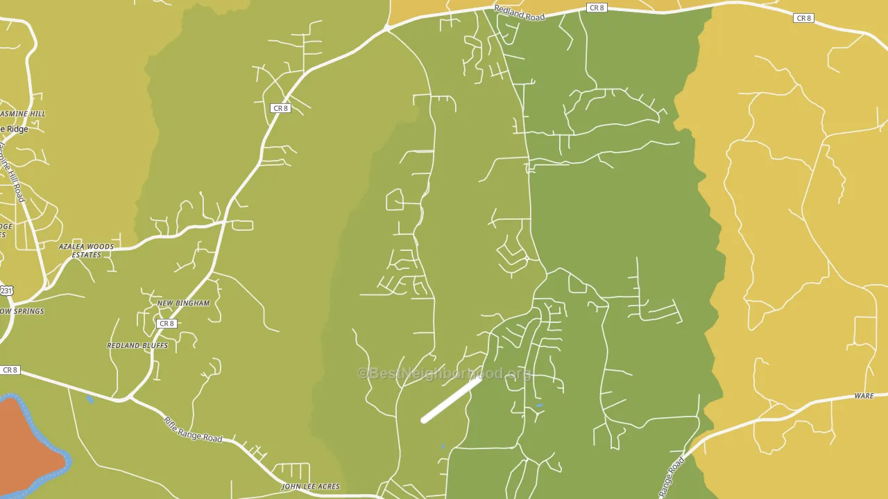 Map of the best neighborhoods in the Redland area, with better matches in green and worse matches in red