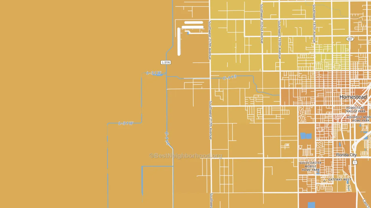 Map of the best neighborhoods in the Redland area, with better matches in green and worse matches in red