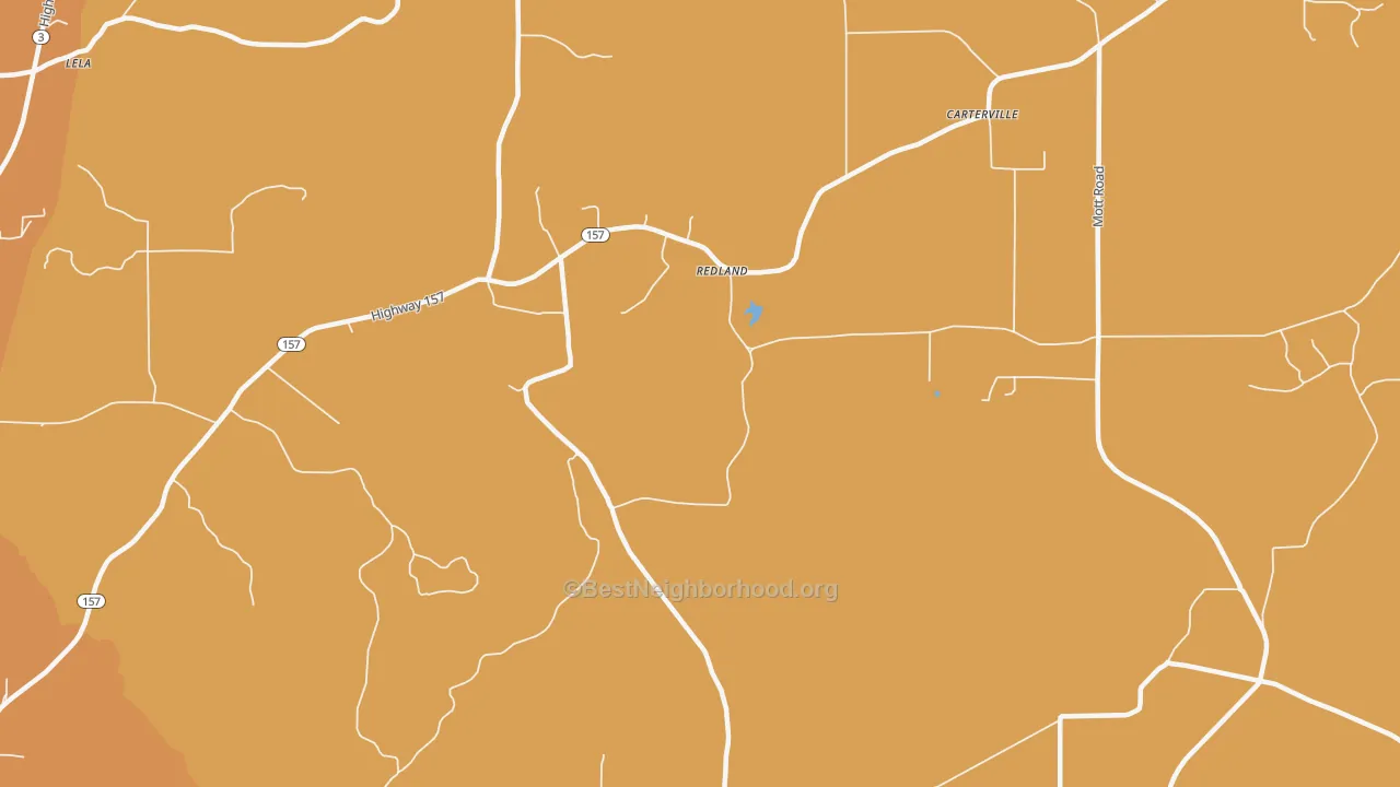 Map of the best neighborhoods in the Redland area, with better matches in green and worse matches in red