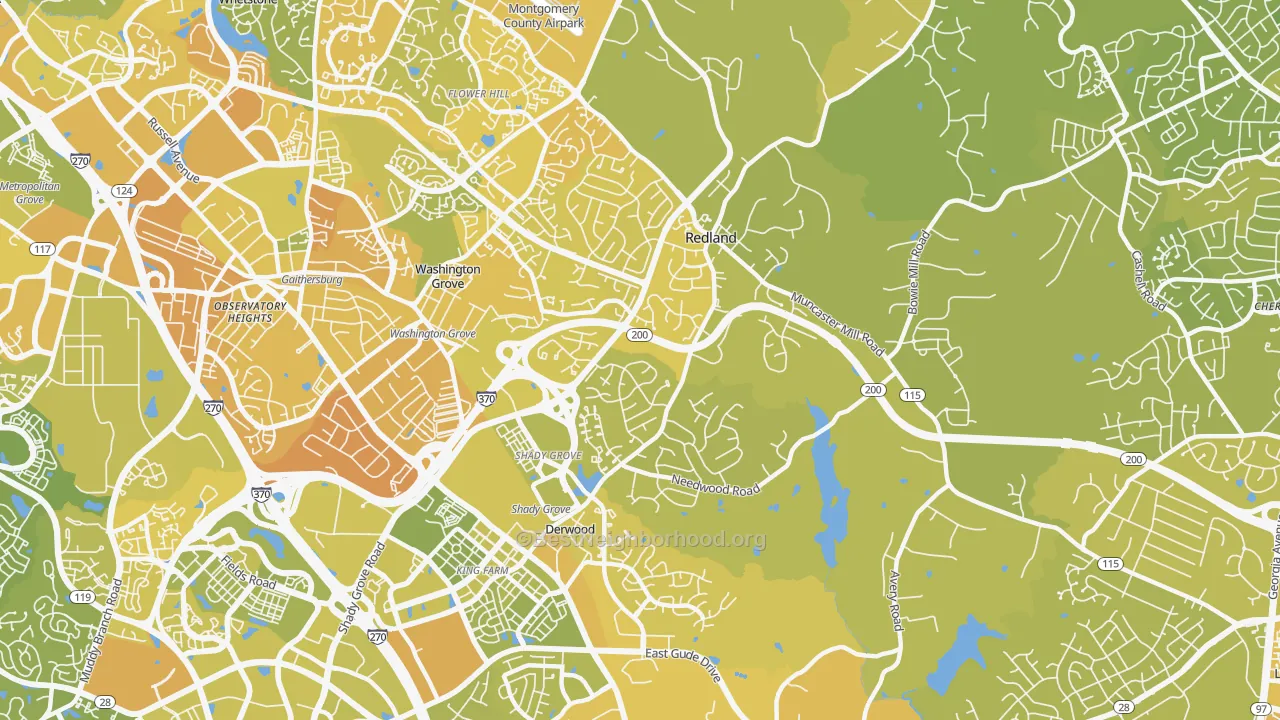 Map of the best neighborhoods in the Redland area, with better matches in green and worse matches in red