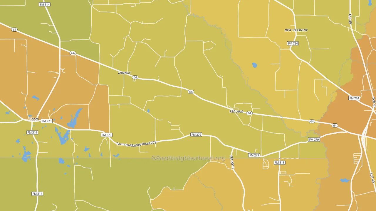 Map of the best neighborhoods in the Redland area, with better matches in green and worse matches in red