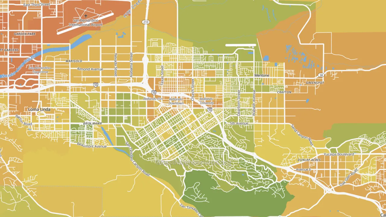 Map of the best neighborhoods in the Redlands area, with better matches in green and worse matches in red