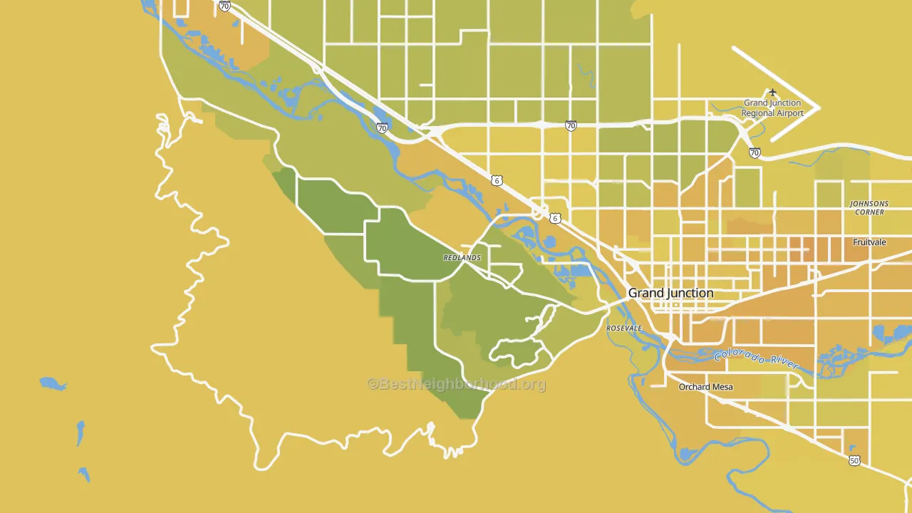 Map of the best neighborhoods in the Redlands area, with better matches in green and worse matches in red