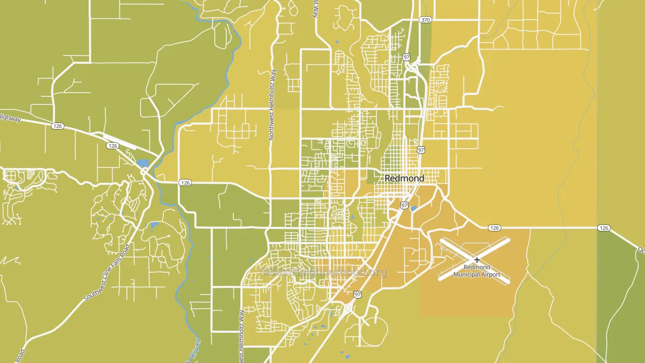 Map of the best neighborhoods in the Redmond area, with better matches in green and worse matches in red