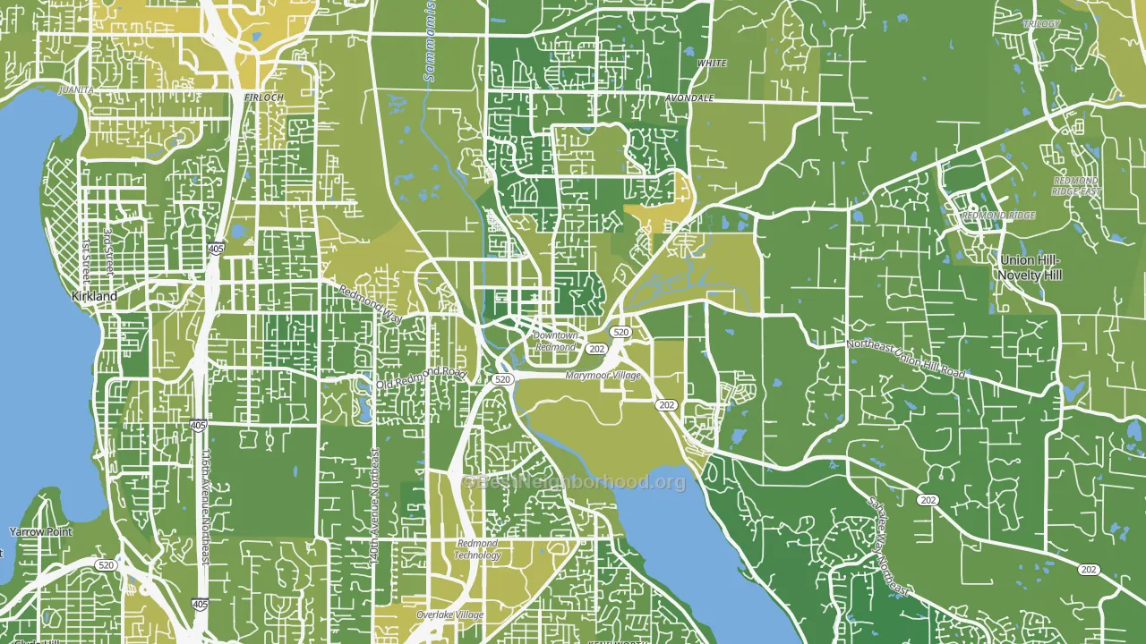 Map of the best neighborhoods in the Redmond area, with better matches in green and worse matches in red