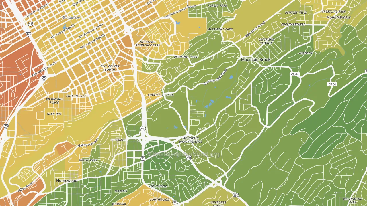 Map of the best neighborhoods in the Redmont Park, Birmingham area, with better matches in green and worse matches in red