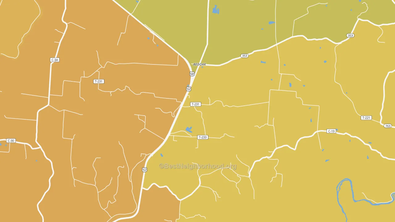 Map of the best neighborhoods in the Redoak area, with better matches in green and worse matches in red
