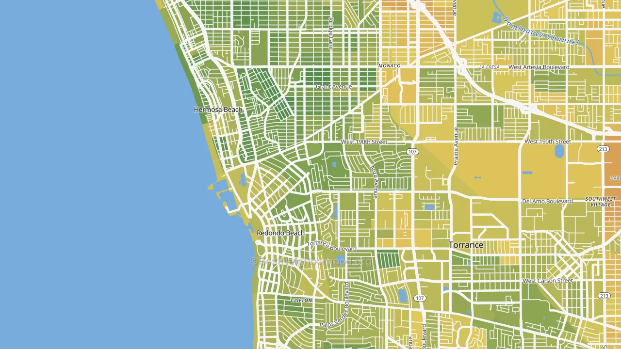 Map of the best neighborhoods in the Redondo Beach area, with better matches in green and worse matches in red