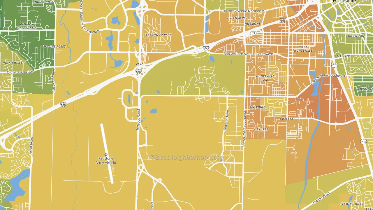 Map of the best neighborhoods in the Redstone Arsenal area, with better matches in green and worse matches in red