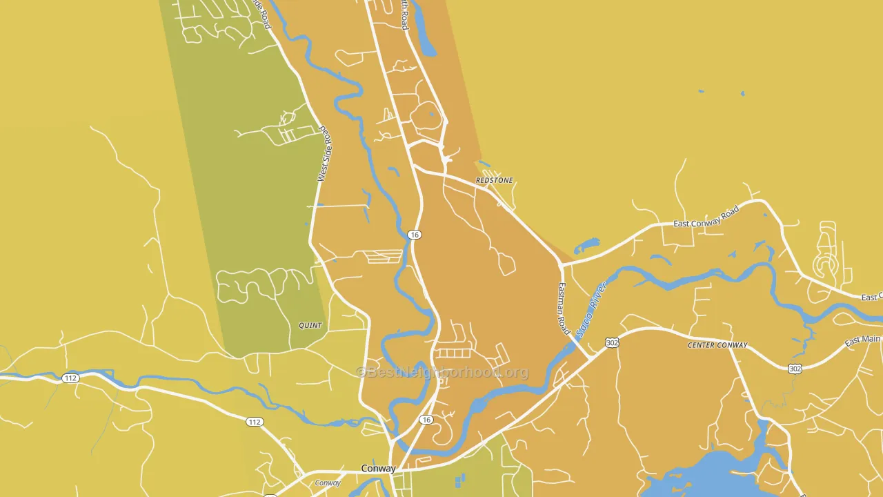 Map of the best neighborhoods in the Redstone area, with better matches in green and worse matches in red