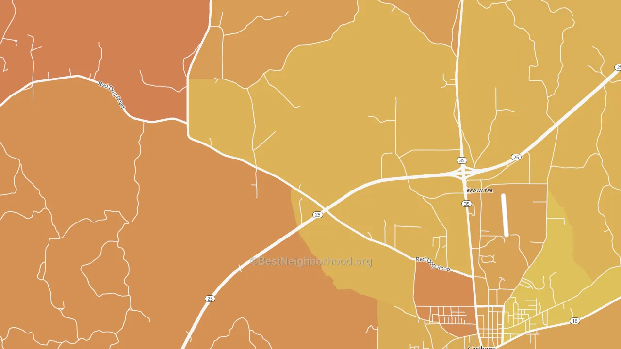 Map of the best neighborhoods in the Redwater area, with better matches in green and worse matches in red