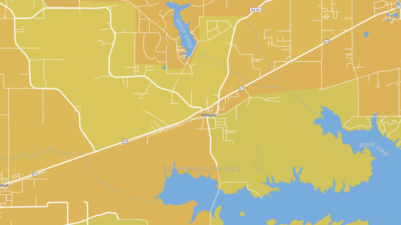 Map of the best neighborhoods in the Redwater area, with better matches in green and worse matches in red