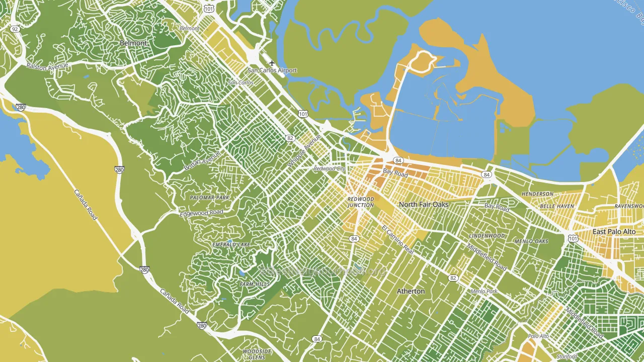 Map of the best neighborhoods in the Redwood City area, with better matches in green and worse matches in red