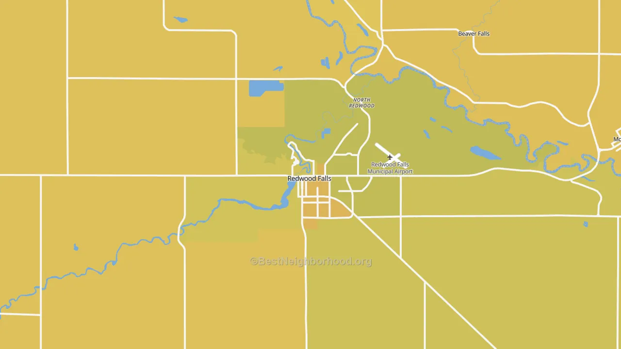 Map of the best neighborhoods in the Redwood Falls area, with better matches in green and worse matches in red