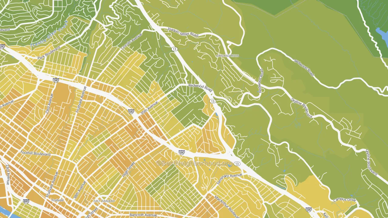 Map of the best neighborhoods in the Redwood Heights, Oakland area, with better matches in green and worse matches in red