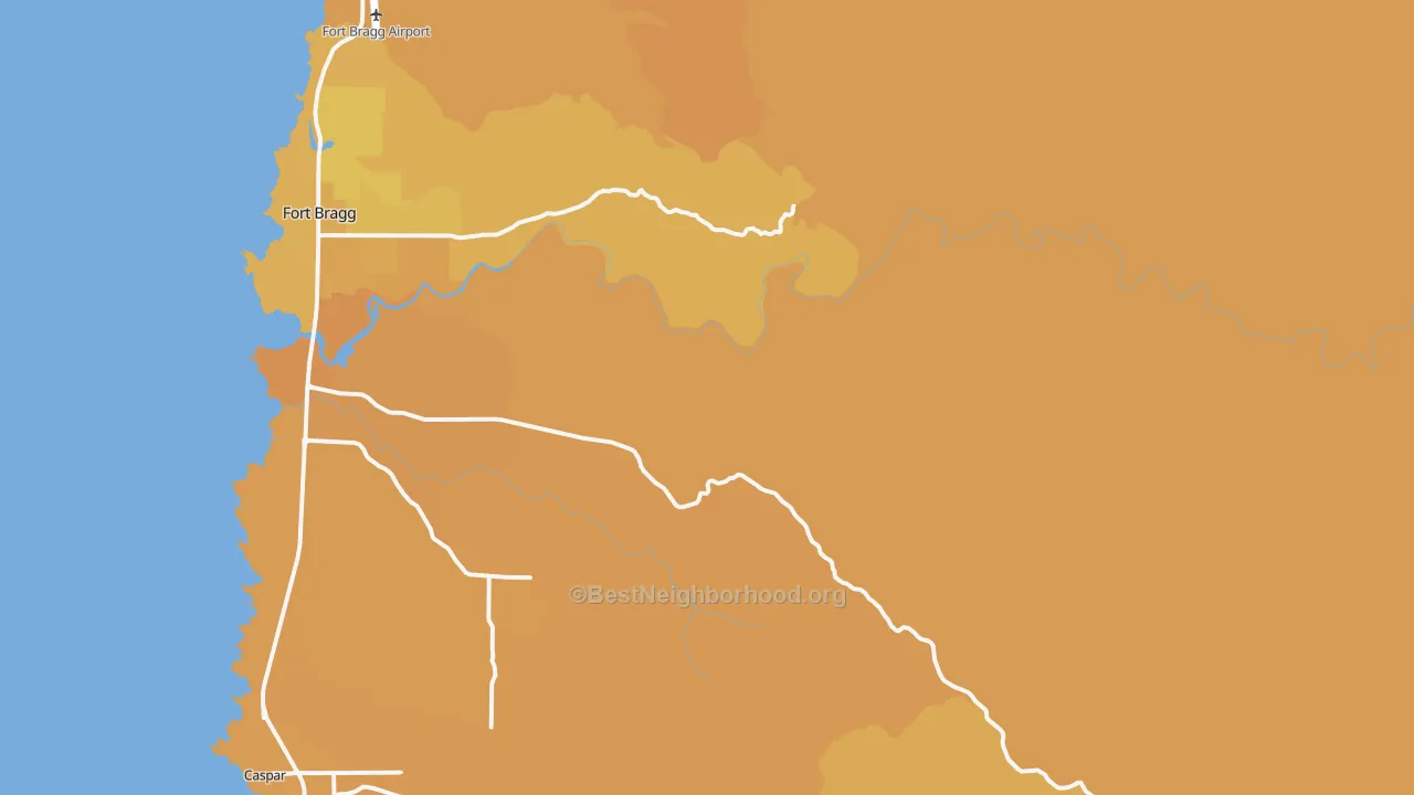 Map of the best neighborhoods in the Redwood Lodge area, with better matches in green and worse matches in red
