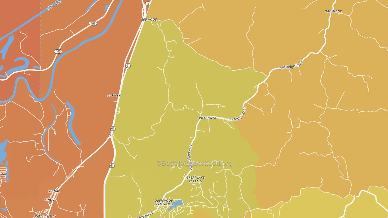 Map of the best neighborhoods in the Redwood area, with better matches in green and worse matches in red