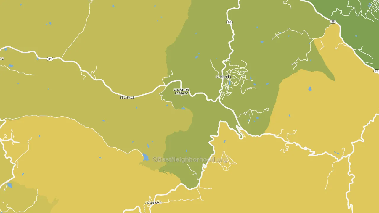 Map of the best neighborhoods in the Redwood Terrace area, with better matches in green and worse matches in red