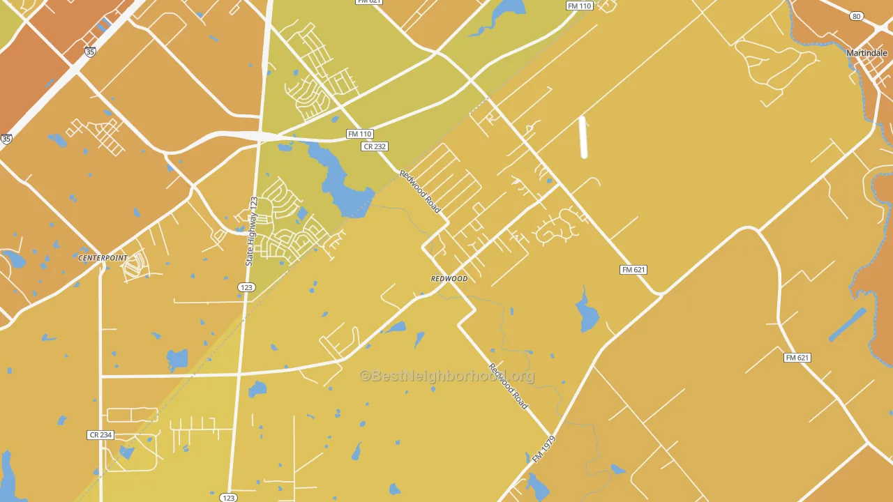 Map of the best neighborhoods in the Redwood area, with better matches in green and worse matches in red