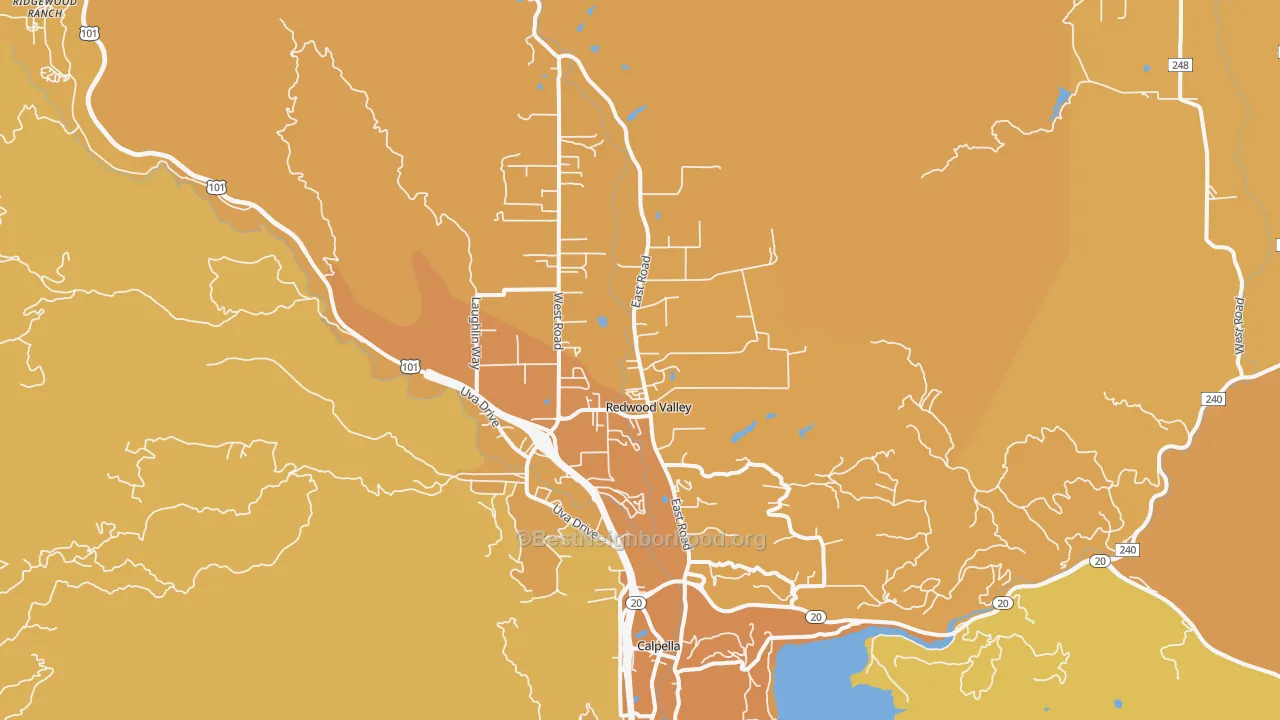 Map of the best neighborhoods in the Redwood Valley area, with better matches in green and worse matches in red