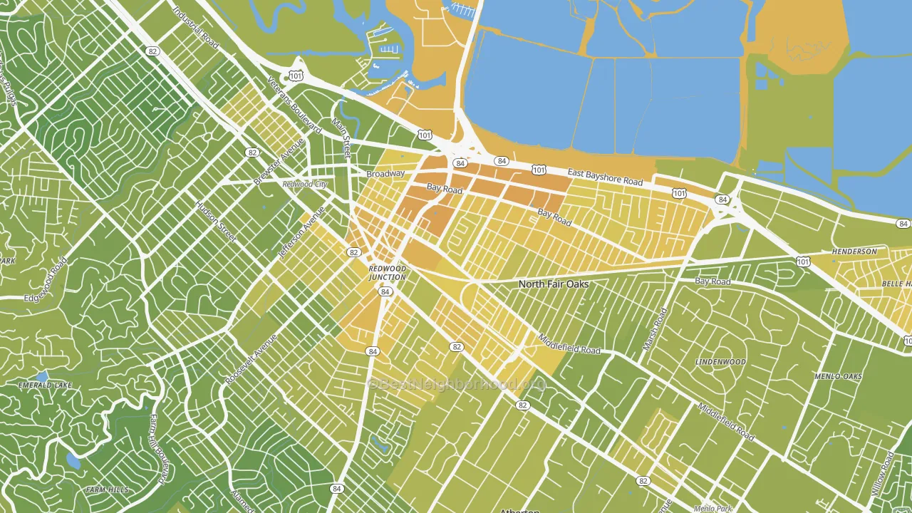 Map of the best neighborhoods in the Redwood Village, Redwood City area, with better matches in green and worse matches in red