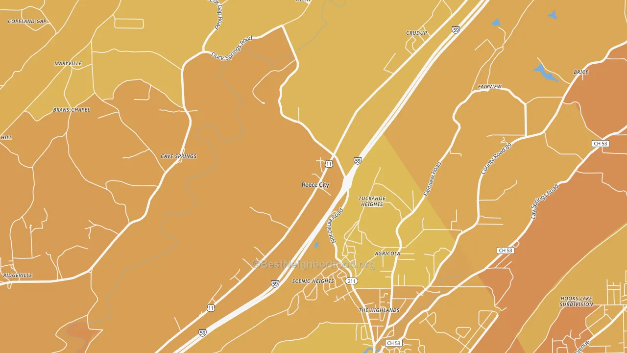 Map of the best neighborhoods in the Reece City area, with better matches in green and worse matches in red