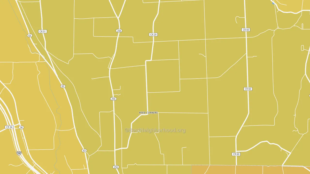 Map of the best neighborhoods in the Reed Corners area, with better matches in green and worse matches in red