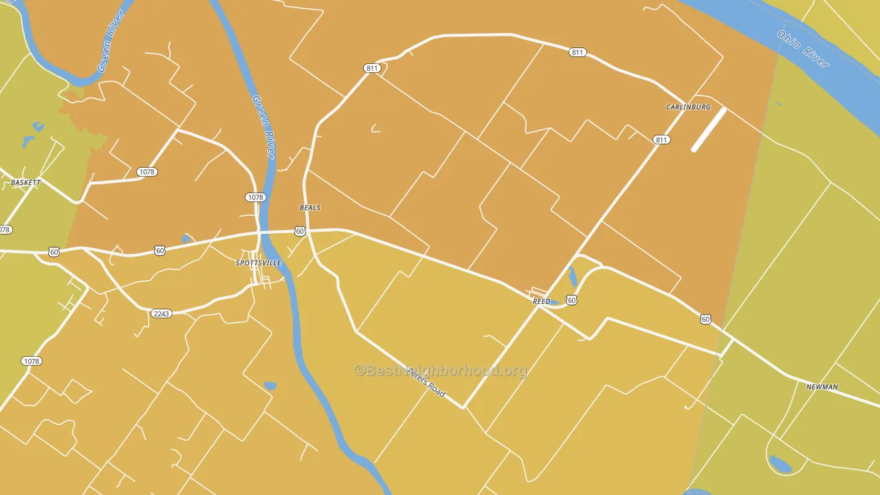 Map of the best neighborhoods in the Reed area, with better matches in green and worse matches in red