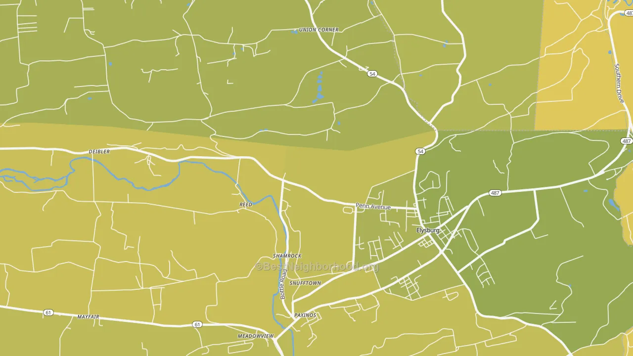 Map of the best neighborhoods in the Reed area, with better matches in green and worse matches in red