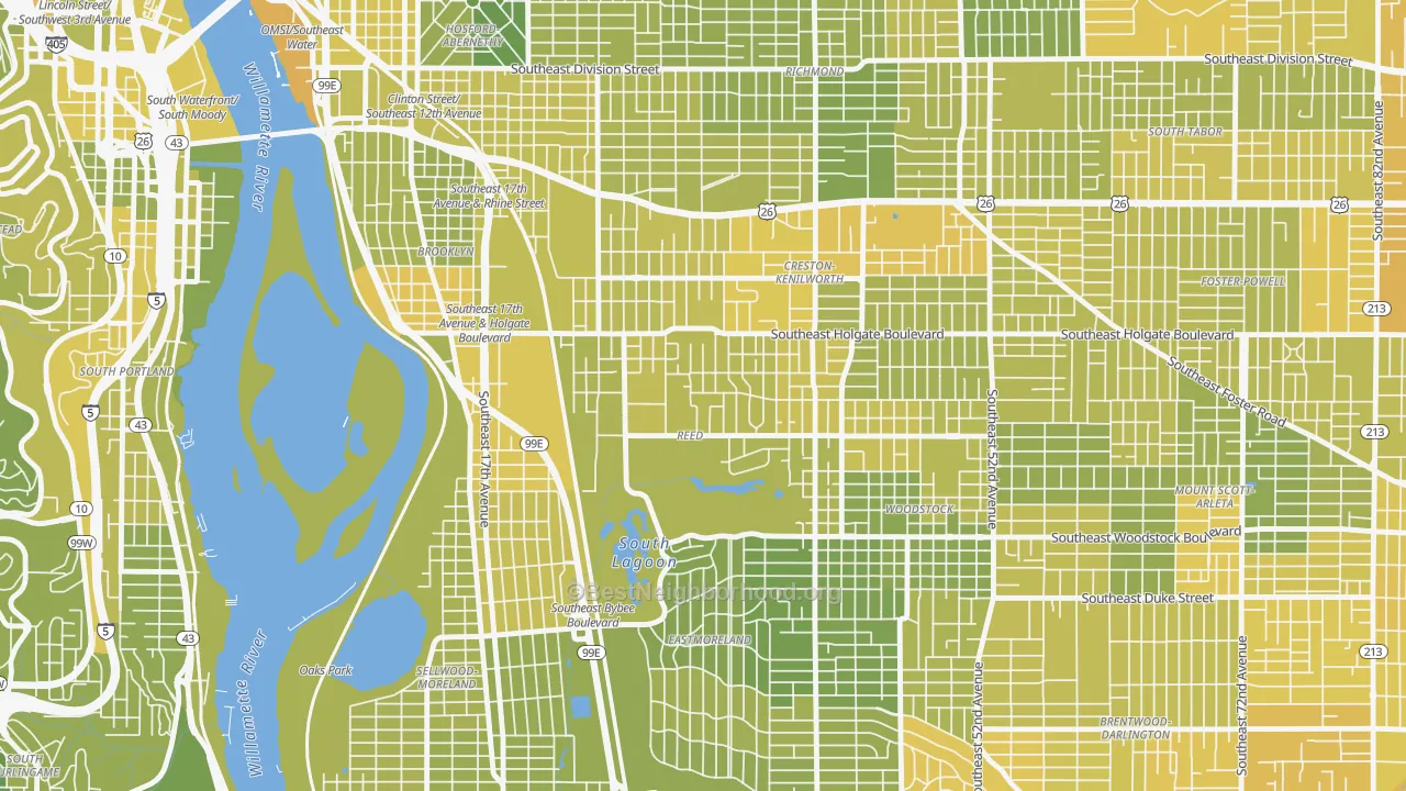 Map of the best neighborhoods in the Reed, Portland area, with better matches in green and worse matches in red