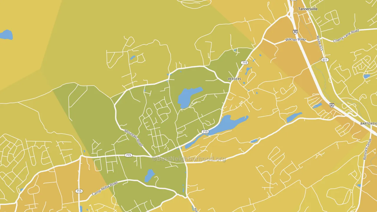Map of the best neighborhoods in the Reeders area, with better matches in green and worse matches in red