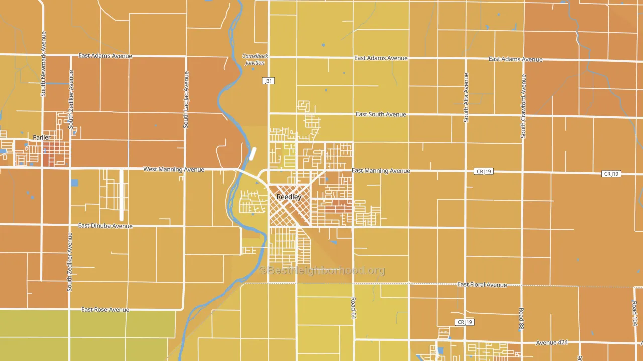 Map of the best neighborhoods in the Reedley area, with better matches in green and worse matches in red
