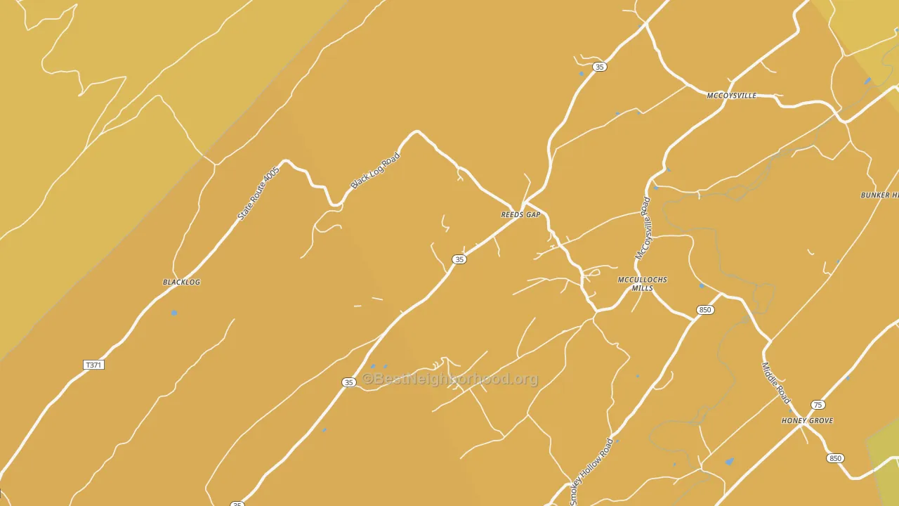 Map of the best neighborhoods in the Reeds Gap area, with better matches in green and worse matches in red