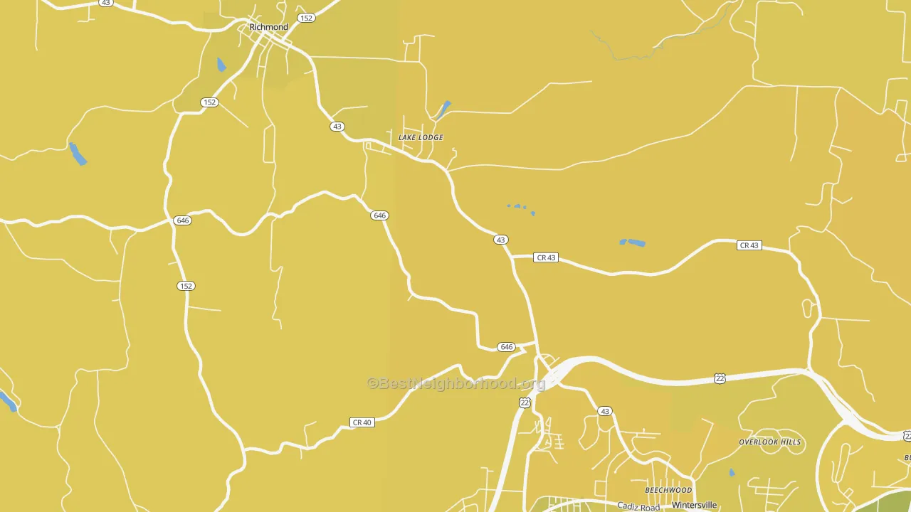Map of the best neighborhoods in the Reeds Mill area, with better matches in green and worse matches in red